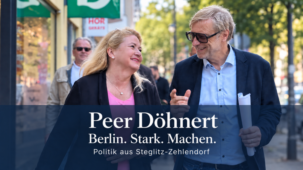 Peer Döhnert mit Kristin Brinker Berlin-Steglitz. Bildtext: ‚Peer Döhnert – Berlin. Stark. Machen. – Politik aus Steglitz-Zehlendorf